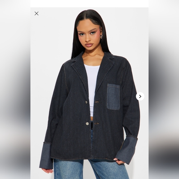 Fashion Nova Nour Pinstripe Cuffed Oversized Denim Blazer - Dark Wash Size 1X - Picture 1 of 12